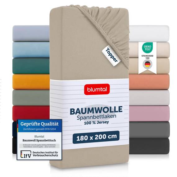 Blumtal® Baumwolle Spannbettlaken für Topper 180x200cm Basics Jersey - Bettlaken 180x200cm - Oeko-TEX zertifiziertes Spannbetttuch 180x200 - Topper Spannleintuch 180x200 - Betttuch - Taupe