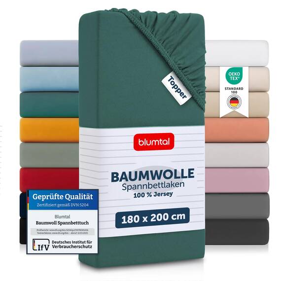 Blumtal® Baumwolle Spannbettlaken für Topper 180x200cm Basics Jersey im 2er Set - Bettlaken 180x200cm - Oeko-TEX zertifiziertes Spannbetttuch 180x200 - Topper Spannbettlaken 180x200 - Silver Pine