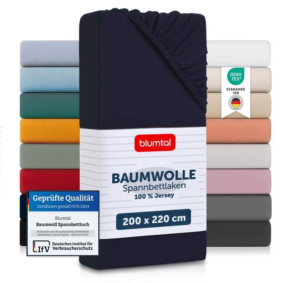 Blumtal® Basics Spannbettlaken 200x220cm Jersey im 2er Set - Bettbezug 200x220 cm aus 100% Baumwolle - Oeko-TEX zertifiziertes Spannbetttuch 200x220cm - Bettwäsche 200x220 - Dark Ocean Blue - Blau