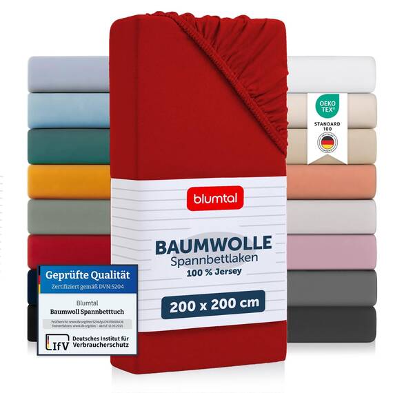 Blumtal® Basics Spannbettlaken 200x200 cm Jersey - Bettlaken 200x200 Baumwolle - Oeko-TEX zertifiziertes Spannbetttuch 200x200cm - Spannbettlaken 200x200 Baumwolle - Bettbezug - Rot