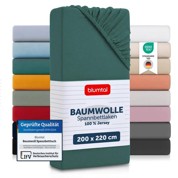 Blumtal® Baumwolle Spannbettlaken 200x220cm Basics Jersey im 2er Set - Bettbezug 200x220 cm - Oeko-TEX zertifiziertes Spannbetttuch 200x220cm - Matratzenbezug 200x220- Leintuch 200x220- Silver Pine