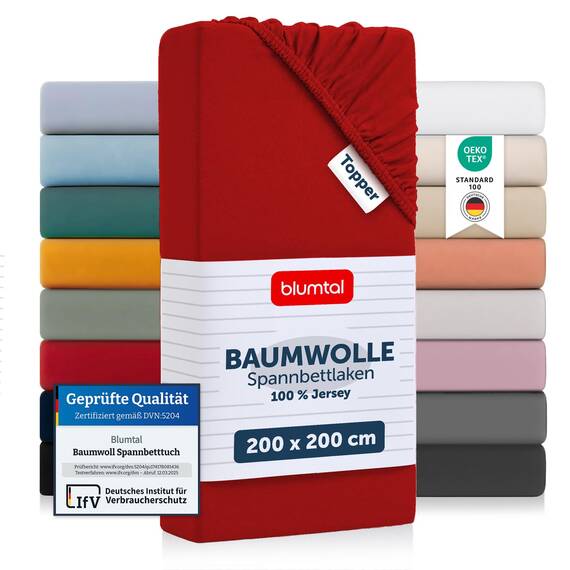 Blumtal® Basics Spannbettlaken Topper 200x200cm Jersey - Bettlaken 200x200cm 100% Baumwolle - Oeko-TEX zertifiziertes Spannbettlaken 200x200 Topper - Topper Spannbettlaken 200x200cm - Betttuch - Rot