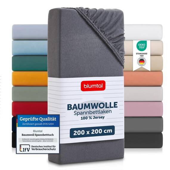 Blumtal® Basics Spannbettlaken 200x200cm Jersey - Bettbezug 200x200 cm aus 100% Baumwolle - Oeko-TEX zertifiziertes Spannbetttuch 200x200cm - Matratzenbezug - Bed Sheets 200x200 - Bettbezug - Grau