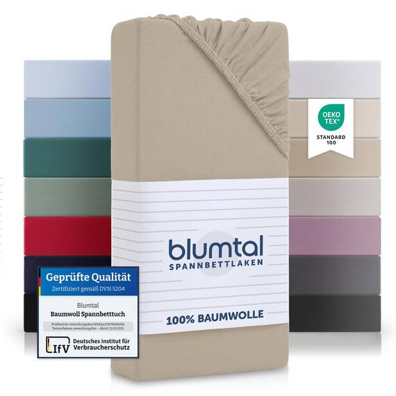 Blumtal® Baumwolle Spannbettlaken 200x220cm Basics Jersey - Oeko-TEX zertifiziertes Spannbetttuch 200x220cm - Matratzenbezug 200x220 - Bettbezug - Leintuch - Taupe