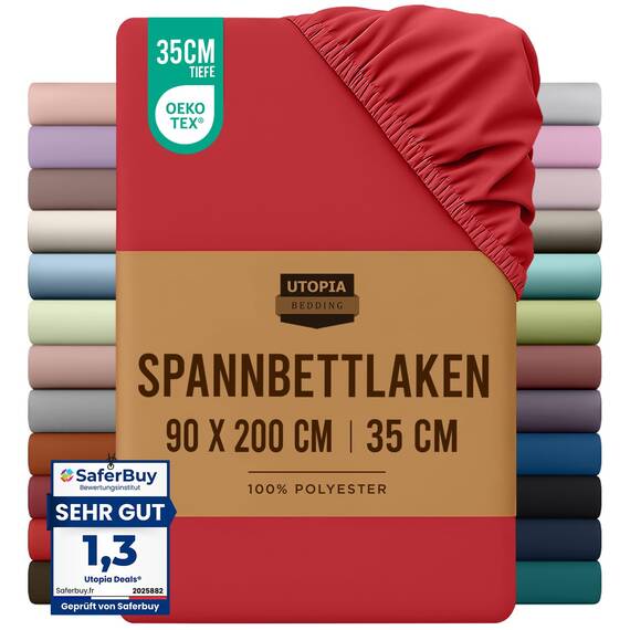 Utopia Bedding - Spannbettlaken 90x200cm - Rot - Gebürstete Polyester-Mikrofaser Spannbetttuch - 35 cm Tiefe Tasche