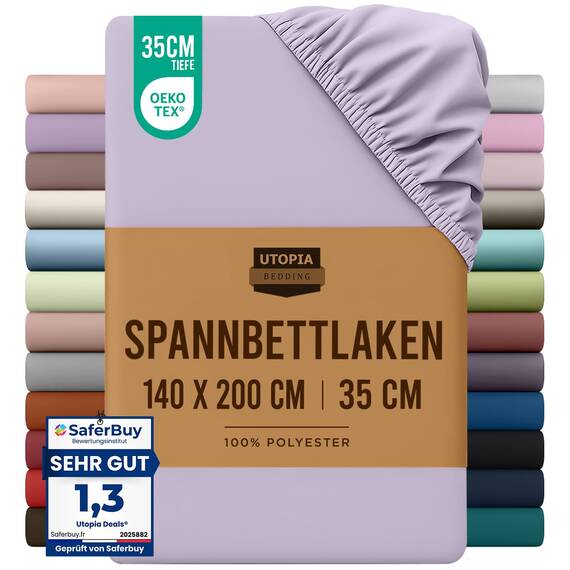 Utopia Bedding - Spannbettlaken 140x200cm - Lavendel - Oeko-Tex Zertifiziertes Gebürstete Polyester-Mikrofaser Spannbetttuch - 35 cm Tiefe Tasche