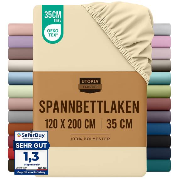 Utopia Bedding - Spannbettlaken 120x200cm - Beige - Gebürstete - Mikrofaser Spannbetttuch - 35 cm Tiefe Tasche
