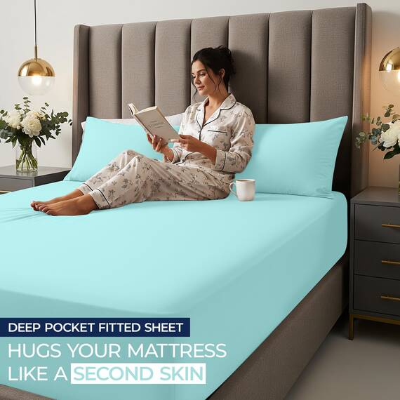 Utopia Bedding Queensize-Spannbetttuch mit extra tiefen Taschen, passend für Matratzen bis zu 53 cm, schrumpf- und farbbeständig, pflegeleicht, nur 1 Spannbetttuch mit tiefen Taschen, Spa-Blau