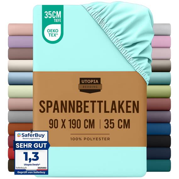 Utopia Bedding - Spannbettlaken 90x190cm - Spa Blau - Gebürstete Polyester-Mikrofaser Spannbetttuch - 35 cm Tiefe Tasche