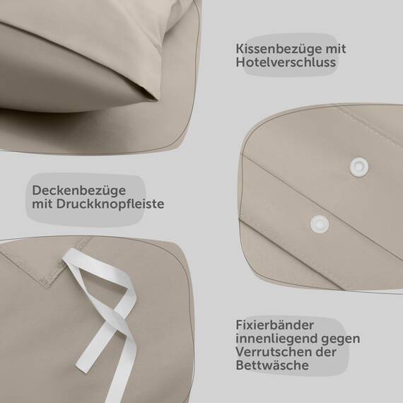 Blumtal Bettwäsche 155x220cm + 2X 80x80cm Kopfkissenbezug - Oeko-TEX zert. Mikrofaser Bettwäsche Set - Mikrofaser Bettbezug bis 95 °C - Deckenbezug + Kissenbezug 3-teilig - Sommerbettwäsche Taupe