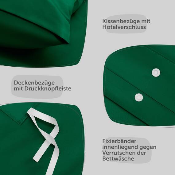 Blumtal Bettwäsche 155x200cm + 2X 40x80cm Kopfkissenbezug - Oeko-TEX zert. Mikrofaser Bettwäsche Set - Mikrofaser Bettbezug bis 95 °C - Deckenbezug + Kissenbezug 3-teilig - Duvet Cover Dunkelgrün