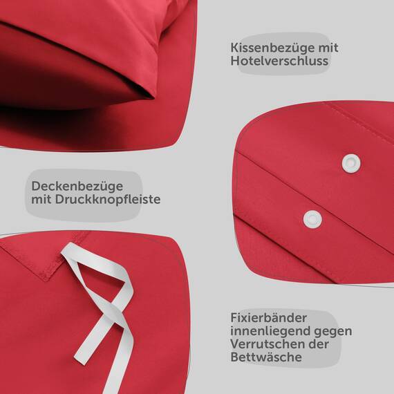 Blumtal Bettwäsche 200x200cm + 2X 50x75cm Kopfkissenbezug - Oeko-TEX zert. Mikrofaser Bettwäsche Set - Mikrofaser Bettbezug bis 95 °C - Deckenbezug + Kissenbezug 3-teilig - Sommerbettwäsche Rot