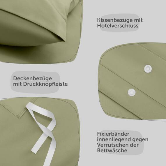 Blumtal Bettwäsche 155x220cm + 2X 80x80cm Kopfkissenbezug - Oeko-TEX zert. Mikrofaser Bettwäsche Set - Mikrofaser Bettbezug 95 °C - Deckenbezug + Kissenbezug 3-teilig - Duvet Cover Light Olive Grün