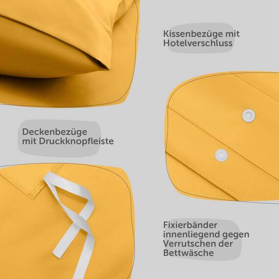 Blumtal Bettwäsche 200x200cm + 2X 40x80cm Kopfkissenbezug - Oeko-TEX zert. Mikrofaser Bettwäsche Set - Mikrofaser Bettbezug bis 95 °C - Deckenbezug + Kissenbezug 3-teilig - Duvet Cover Spicy Mustard