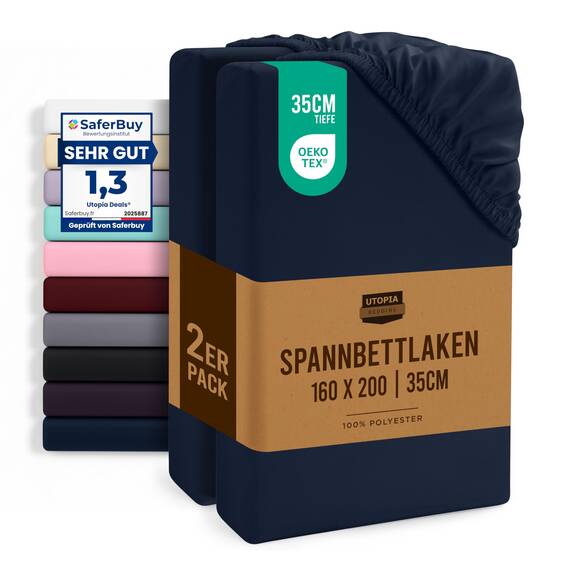 Utopia Bedding - 2er Set Spannbettlaken 160x200cm - Marineblau - Oeko-Tex Zertifiziertes - Gebürstete Mikrofaser Spannbetttuch - 35 cm Tiefe Tasche