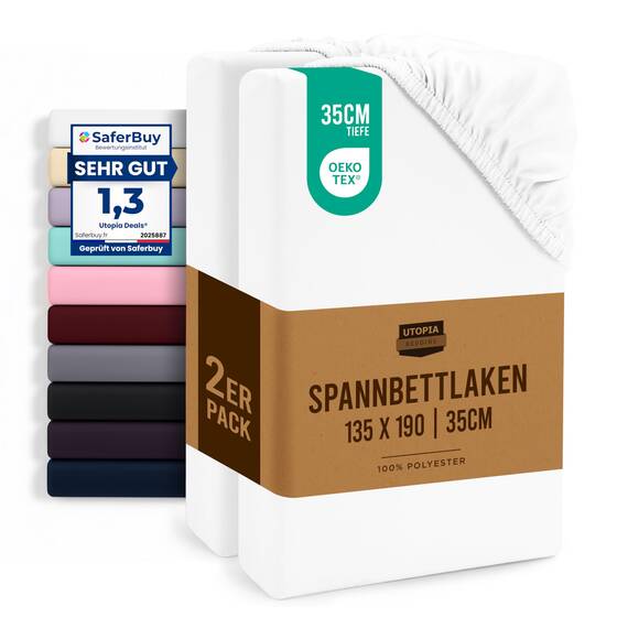 Utopia Bedding - 2er Set Spannbettlaken 135x190cm - Weiß - Oeko-Tex Zertifiziertes - Gebürstete Mikrofaser Spannbetttuch - 35 cm Tiefe Tasche