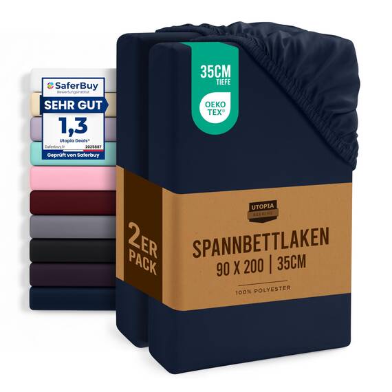 Utopia Bedding - 2er Set Spannbettlaken 90x200cm - Marineblau - Oeko-Tex Zertifiziertes - Gebürstete Mikrofaser Spannbetttuch - 35 cm Tiefe Tasche