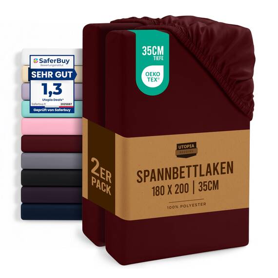 Utopia Bedding - 2er Set Spannbettlaken 180x200cm - Burgunderrot - Oeko-Tex Zertifiziertes - Gebürstete Mikrofaser Spannbetttuch - 35 cm Tiefe Tasche