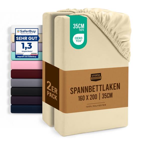 Utopia Bedding - 2er Set Spannbettlaken 160x200cm - Beige - Oeko-Tex Zertifiziertes - Gebürstete Mikrofaser Spannbetttuch - 35 cm Tiefe Tasche