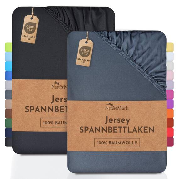 NatureMark 2er Pack Jersey Spannbettlaken, Spannbetttuch 100% Baumwolle in vielen Größen und Farben MARKENQUALITÄT ÖKOTEX Standard 100 (Anthrazit/Schwarz, 2er Pack 200x220 cm +40cm Steg)