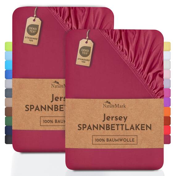 NatureMark 2er Pack Jersey Spannbettlaken, Spannbetttuch 100% Baumwolle in vielen Größen und Farben MARKENQUALITÄT ÖKOTEX Standard 100 | 90 x 200 cm - 100 x 200 cm - Bordeaux rot