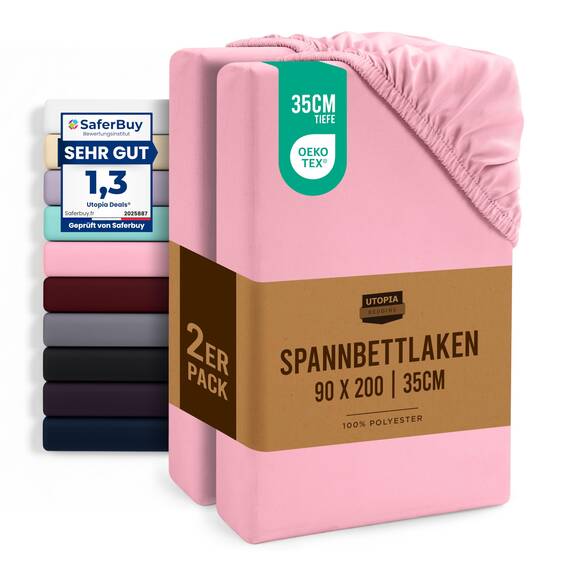 Utopia Bedding - 2er Set Spannbettlaken 90x200cm - Rosa - Oeko-Tex Zertifiziertes - Gebürstete Mikrofaser Spannbetttuch - 35 cm Tiefe Tasche