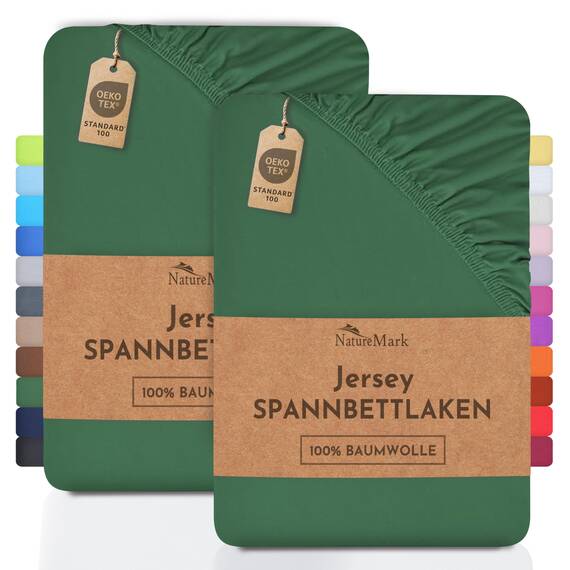 NatureMark 2er Pack Jersey Spannbettlaken, Spannbetttuch 100% Baumwolle in vielen Größen und Farben MARKENQUALITÄT ÖKOTEX Standard 100 | 120x200 cm - dunkel grün