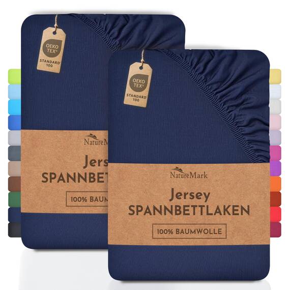 NatureMark 2er Pack Jersey Spannbettlaken, Spannbetttuch 100% Baumwolle in vielen Größen und Farben MARKENQUALITÄT ÖKOTEX Standard 100 | 180 x 200 cm - 200 x 200 cm - Navy blau