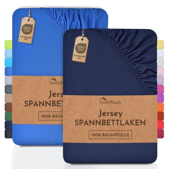 NatureMark 2er Pack Jersey Spannbettlaken, Spannbetttuch 100% Baumwolle in vielen Größen und Farben MARKENQUALITÄT ÖKOTEX Standard 100 | 140 x 200 cm - 160 x 200 cm - Navy/Royal
