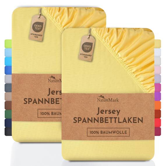 NatureMark 2er Pack Jersey Spannbettlaken, Spannbetttuch 100% Baumwolle in vielen Größen und Farben MARKENQUALITÄT ÖKOTEX Standard 100 | 90 x 200 cm - 100 x 200 cm - gelb