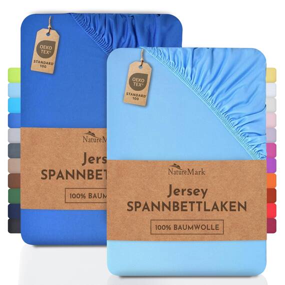 NatureMark 2er Pack Jersey Spannbettlaken, Spannbetttuch 100% Baumwolle in vielen Größen und Farben MARKENQUALITÄT ÖKOTEX Standard 100-200 x 220 cm + 40 Stege - hellblau/royal