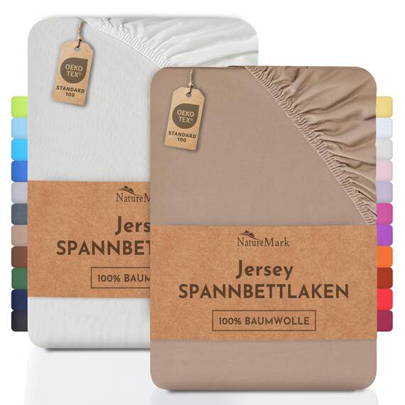NatureMark 2er Pack Jersey Spannbettlaken, Spannbetttuch 100% Baumwolle in vielen Größen und Farben MARKENQUALITÄT ÖKOTEX Standard 100 | 180 x 200 cm - 200 x 200 cm - Natur/Sand