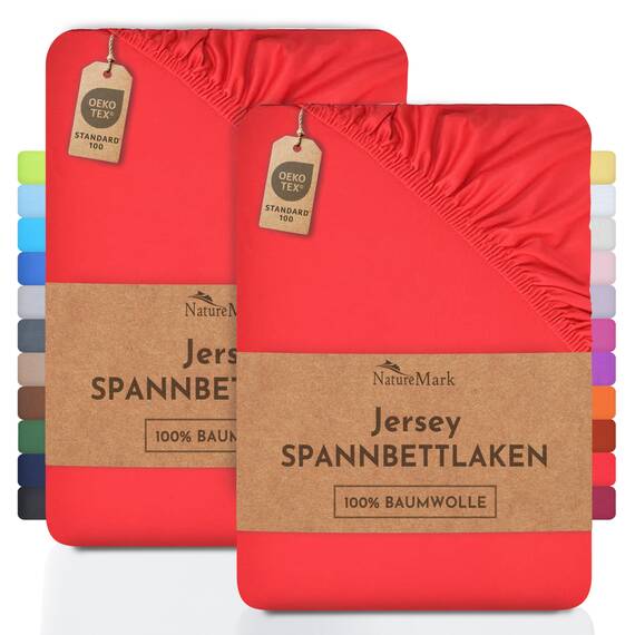 NatureMark 2er Pack Jersey Spannbettlaken, Spannbetttuch 100% Baumwolle in vielen Größen und Farben MARKENQUALITÄT ÖKOTEX Standard 100 | 120x200 cm - rot
