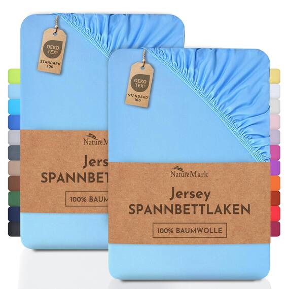 NatureMark 2er Pack Jersey Spannbettlaken, Spannbetttuch 100% Baumwolle in vielen Größen und Farben MARKENQUALITÄT ÖKOTEX Standard 100 | 140 x 200 cm - 160 x 200 cm - hell blau