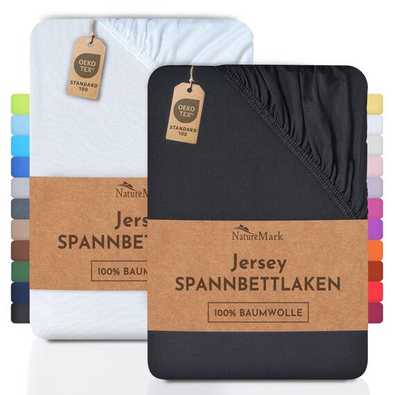 NatureMark 2er Pack Jersey Spannbettlaken, Spannbetttuch 100% Baumwolle in vielen Größen und Farben MARKENQUALITÄT ÖKOTEX Standard 100 | 140 x 200 cm - 160 x 200 cm -Schwarz/Weiss