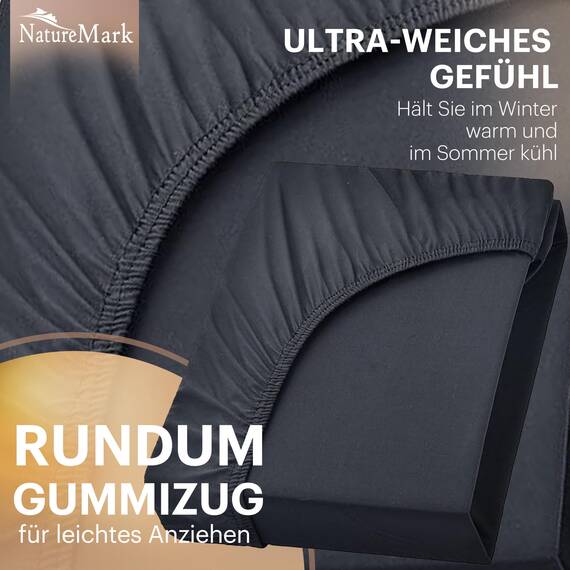 NatureMark 2er Pack Jersey Spannbettlaken, Spannbetttuch 100% Baumwolle in vielen Größen und Farben MARKENQUALITÄT ÖKOTEX Standard 100 | 200x220 cm +40 Steg - Schwarz/Silber