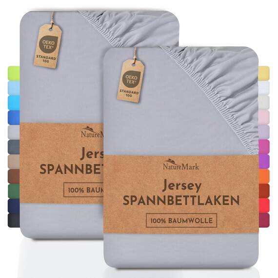 NatureMark 2er Pack Jersey Spannbettlaken, Spannbetttuch 100% Baumwolle in vielen Größen und Farben MARKENQUALITÄT ÖKOTEX Standard 100 | 120x200 cm - Silber grau