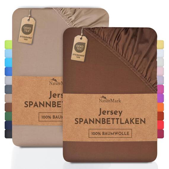 NatureMark 2er Pack Jersey Spannbettlaken, Spannbetttuch 100% Baumwolle in vielen Größen und Farben MARKENQUALITÄT ÖKOTEX Standard 100 | 200x220 cm +40 Steg - Sand/Schoko