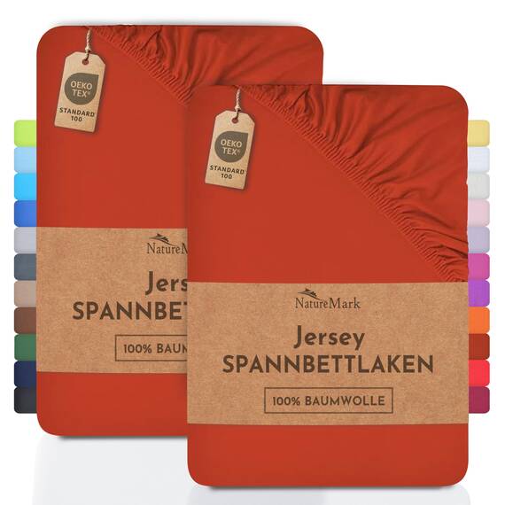 NatureMark 2er Pack Jersey Spannbettlaken, Spannbetttuch 100% Baumwolle in vielen Größen und Farben MARKENQUALITÄT ÖKOTEX Standard 100 | 200x220 cm +40 Steg - rost rot