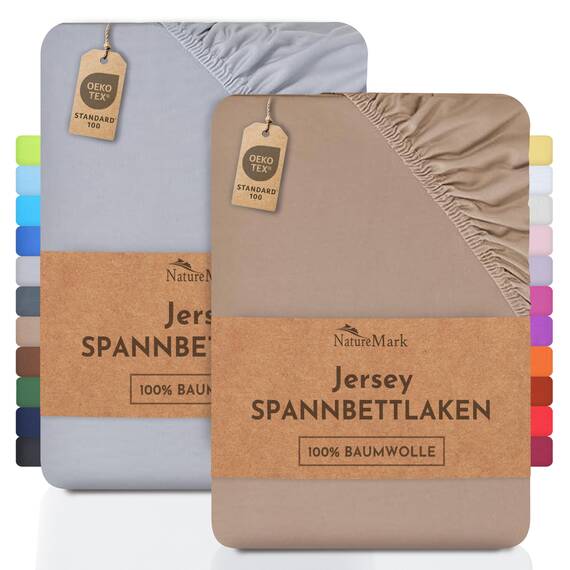 NatureMark 2er Pack Jersey Spannbettlaken, Spannbetttuch 100% Baumwolle in vielen Größen und Farben MARKENQUALITÄT ÖKOTEX Standard 100 | 120x200 cm - Sand/Silber