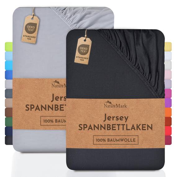 NatureMark 2er Pack Jersey Spannbettlaken, Spannbetttuch 100% Baumwolle in vielen Größen und Farben MARKENQUALITÄT ÖKOTEX Standard 100 | 90 x 200 cm - 100 x 200 cm - Schwarz Silber