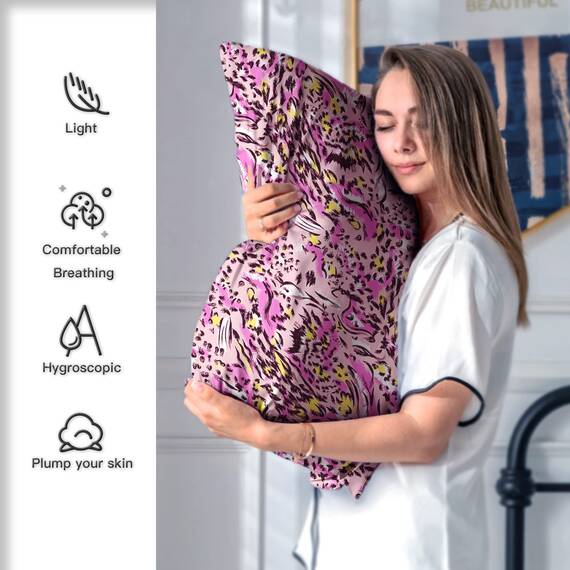 Kissenbezug aus Maulbeerseide für Haare und Haut, Seidenkissenbezug mit verstecktem Reißverschluss, Leopardenmuster, weich, atmungsaktiv, glatt, kühlende Seidenkissenbezüge zum Schlafen, Pink (Pink