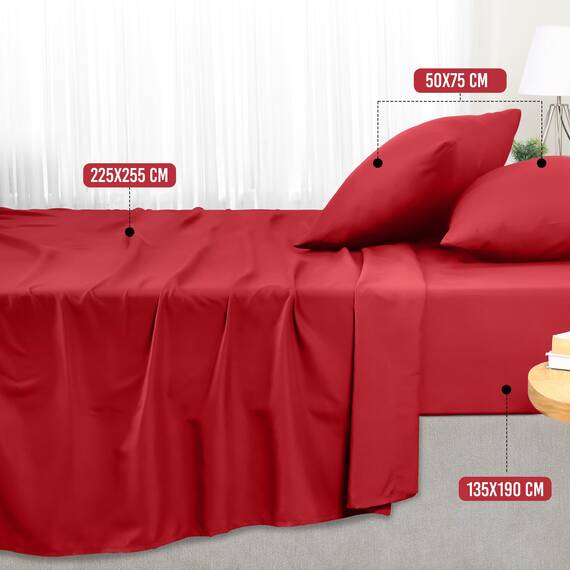 Utopia Bedding 4 Teilige Bettlaken Set 135x190 cm, Rot - Polyester Microfaser, Oeko-Tex Zertifiziert, 1 Spannbettlaken 135x190 cm, 1 Bettlaken 225x255 cm und 2 Kissenbezüge 50x75 cm