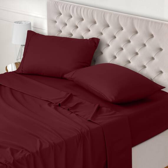 Utopia Bedding 4 Teilige Bettlaken Set 160x200 cm, Burgunderrot - Polyester Microfaser, Oeko-Tex Zertifiziert, 1 Spannbettlaken 160x200 cm, 1 Bettlaken 266x259 cm und 2 Kissenbezüge 50x75 cm