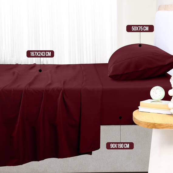 Utopia Bedding 3 Teilige Bettlaken Set 90x190 cm, Burgunderrot - Polyester Microfaser, Oeko-Tex Zertifiziert, 1 Spannbettlaken 90x190 cm, 1 Bettlaken 167x243 cm und 1 Kissenbezug 50x75 cm