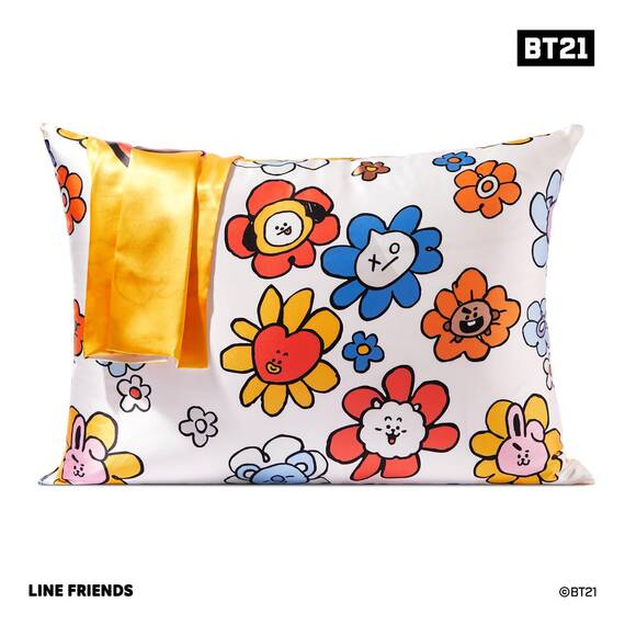 BT21 x Kitsch Satin-Kissenbezug mit Reißverschluss, weicher als Maulbeerseide-Kissenbezüge, Standardgröße, 1 Stück, kühlender Kissenbezug für Haare, Hautgesundheit und Schönheitsschlaf, 48,3 x 66 cm,