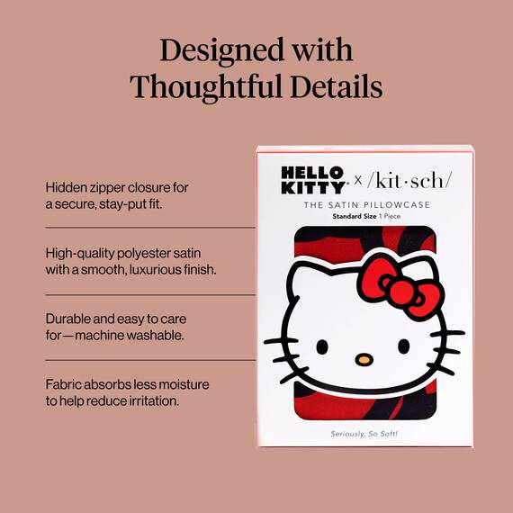 Kitsch Kissenbezug aus Satin mit Hello Kitty-Motiv, Reißverschluss für Haar und Haut, weicher als Seide, maschinenwaschbar, knitterfrei, glatt, Queensize-Größe, Kitty badet in einem Meer von Schleifen