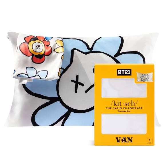 Kitsch Kissenbezug aus Satin mit BT21-Motiv, mit Reißverschluss, für Haar und Haut, weicher als Seide, kühlend, maschinenwaschbar, knitterfrei, glatt, Queensize-Größe, 48 x 66 cm, Van