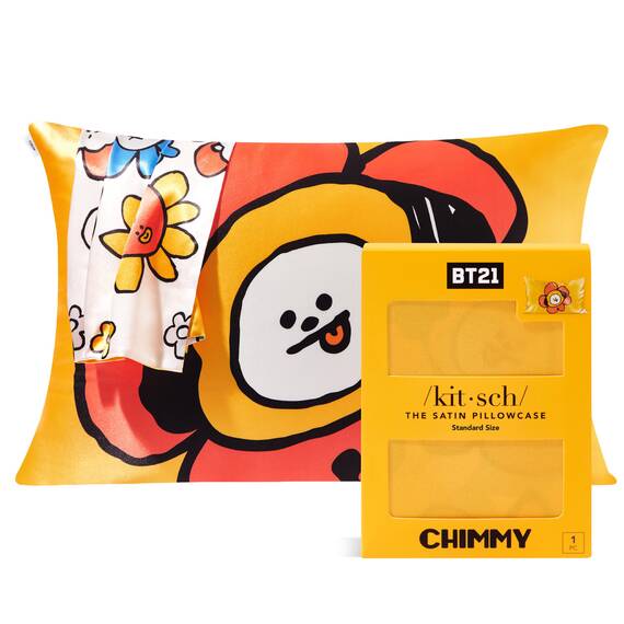 BT21 x Kitsch Satin-Kissenbezug mit Reißverschluss, weicher als Maulbeerseide-Kissenbezüge, Standardgröße, 1 Stück, kühlender Kissenbezug für Haare, Hautgesundheit und Schönheitsschlaf, 48,3 x 66 cm,