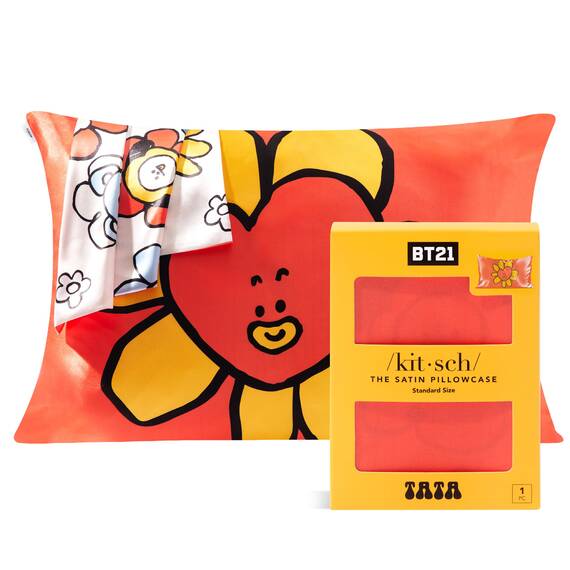 Kitsch x BT21 Satin-Kissenbezug mit Reißverschluss für Haar und Haut, weicher als Seidenkissenbezüge, kühlend, maschinenwaschbar, knitterfrei, glatt, Kingsize, 48 x 66 cm, Tata
